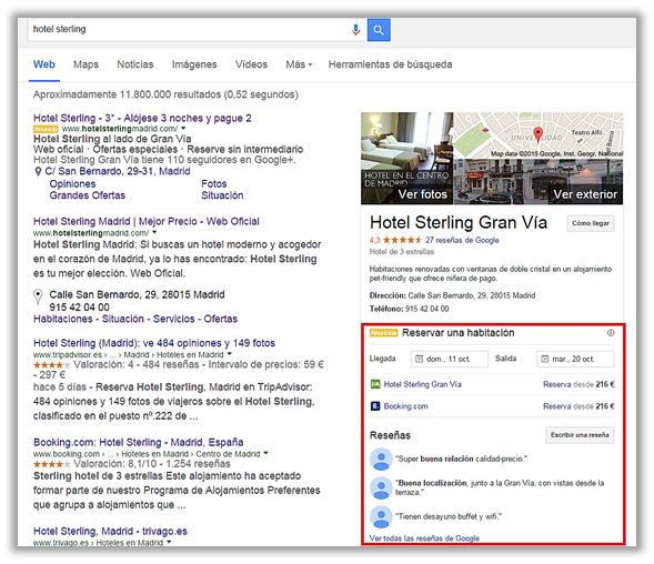 pagina de resultados de google con precios de hotel