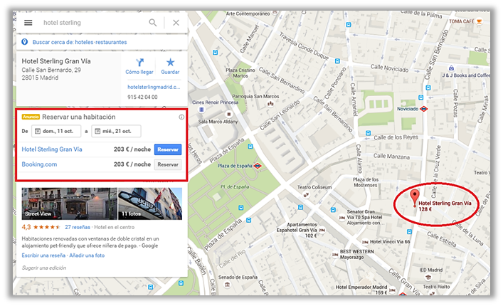 google maps con resultados de precios de hotel
