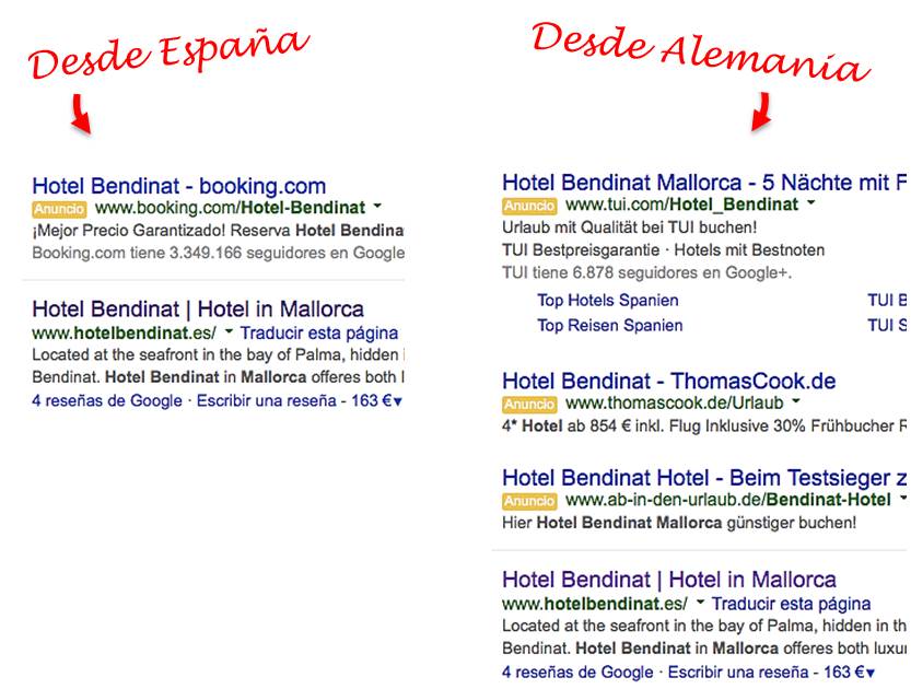 Adwords de hotel distintos desde España y Alemania